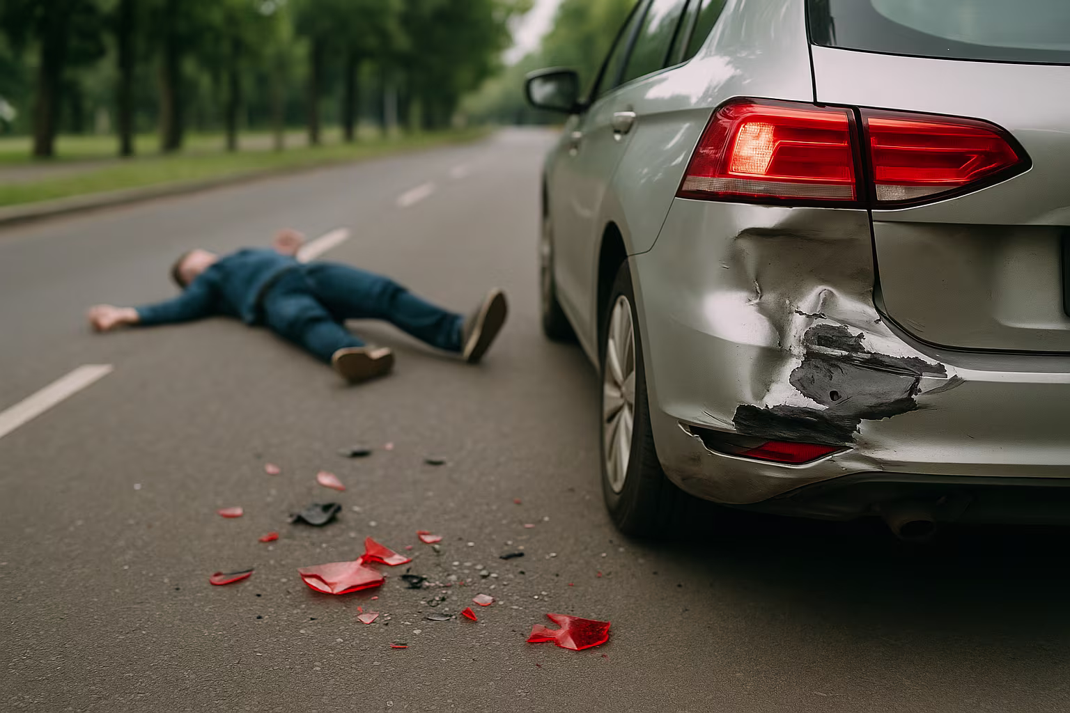 A damaged silver car is stopped on a road with broken taillight pieces scattered nearby and a person lying motionless on the pavement.