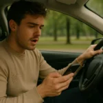 A young man driving a car looks at his phone with one hand on the wheel, appearing distracted.