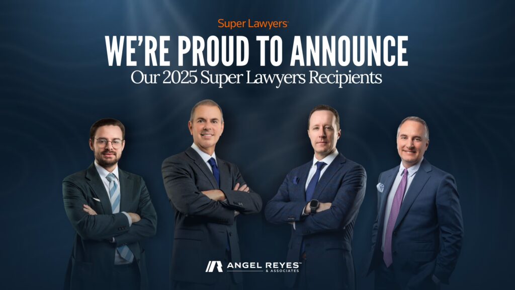 Four attorneys from Angel Reyes & Associates stand in suits under text announcing them as 2025 Super Lawyers recipients.