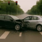 "A black car collides with the side of a silver car in a T-bone crash at an intersection under red traffic lights."
