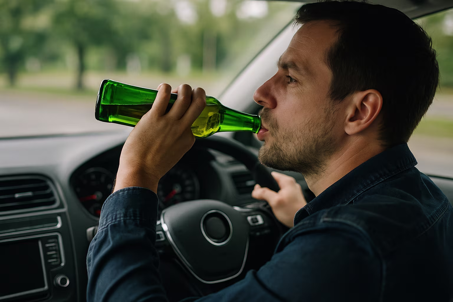 A man is drinking from a green beer bottle while driving a car, with one hand on the steering wheel.
