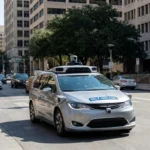 Self-driving minivan labeled “self-driving” driving past Austin City Hall with a Texas flag visible, while a protester on the sidewalk holds a sign opposing robotaxis.