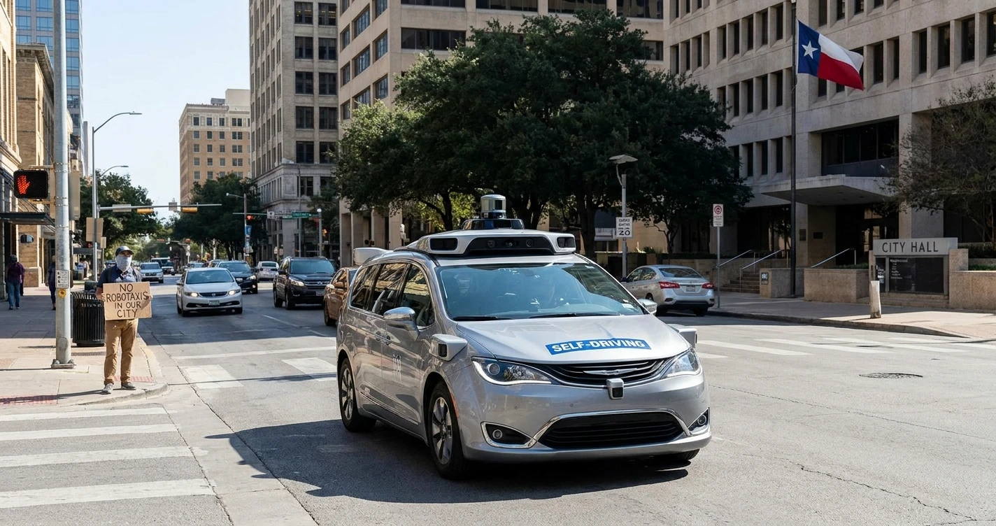 Self-driving minivan labeled “self-driving” driving past Austin City Hall with a Texas flag visible, while a protester on the sidewalk holds a sign opposing robotaxis.