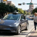 Self-driving Tesla robotaxi stopped at an intersection in downtown Austin near Congress Avenue, with a police officer speaking to a woman beside the vehicle.
