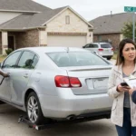 A woman speaks with an insurer about loss of use damages in Texas while her car is towed away.
