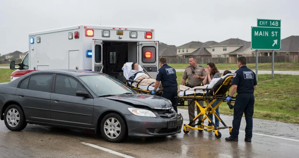 Can a car accident cause seizures? Yes, as viewable in this image where an individual is carted into an ambulance by emergency workers