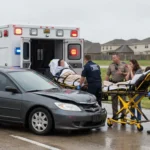 Can a car accident cause seizures? Yes, as viewable in this image where an individual is carted into an ambulance by emergency workers