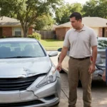 Can a public adjuster help after a crash? A man and woman discuss a car's damages in a driveway