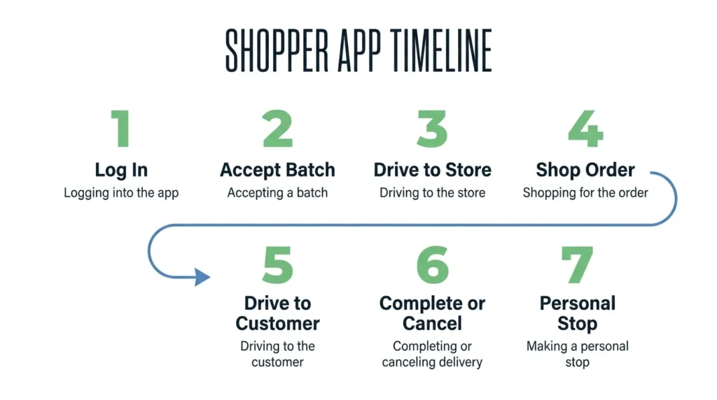 Does Instacart insurance cover car accidents? Infographic showing the shopper app timeline.