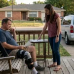 A man sit on a porch bench with a brace around his knee, discussing a structured settlement with a woman.