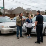 Multiple claimants, same insurance policy. What can you do in this situation? A man and woman discuss with an officer in front of a two-car wreck.