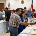 A man and woman shake hands at a police department. The woman stands in front of a sign that reads "Class action claims - legal aid".