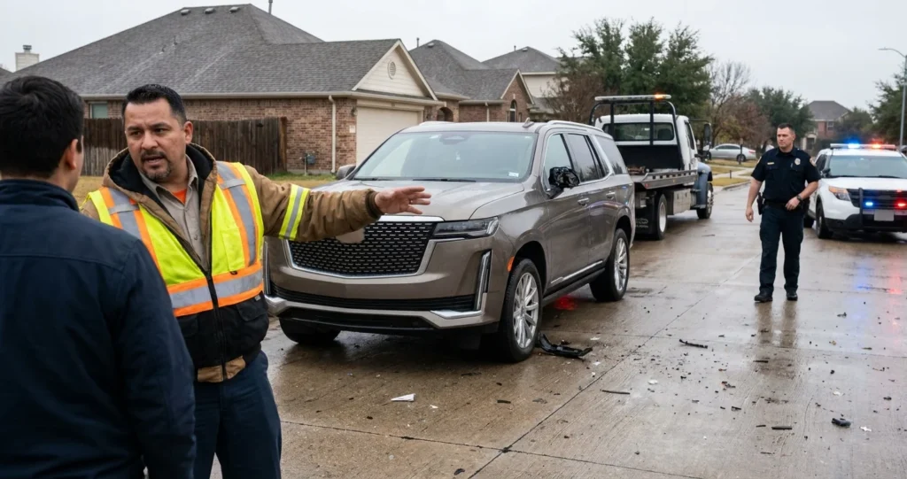 Two men discuss umbrella and excess coverage in front of a car wreck