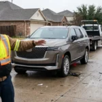 Two men discuss umbrella and excess coverage in front of a car wreck