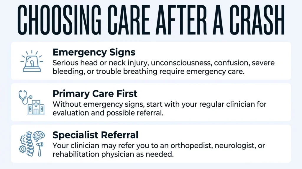 Which doctor should you see after a crash? Infographic showing the types of care you can get after an accident.
