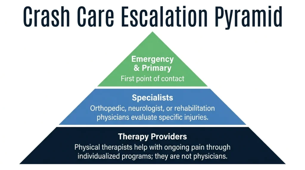 Which doctor should you see after a crash? Crash care escalation pyramid showing emergency care, specialists, and therapy providers.