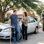 A man with crutches and a knee brace discusses a knee injury car accident settlement with an adjuster.