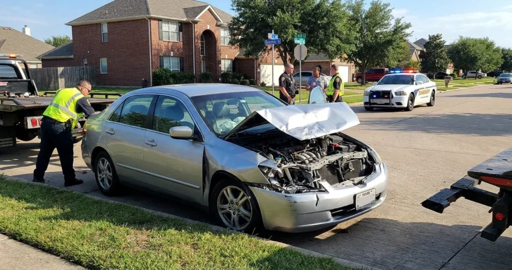 A police officer investigates a wrecked car's crumple zones