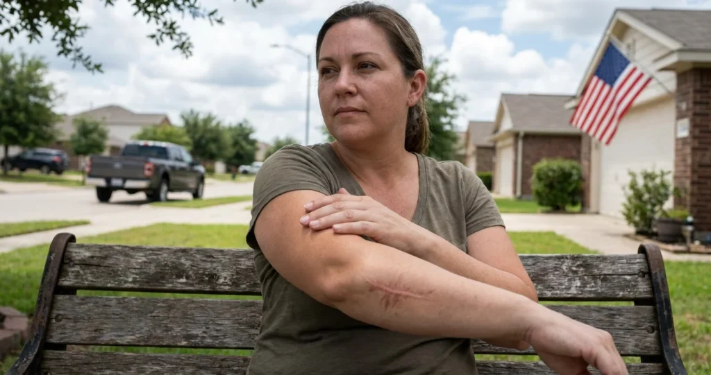 A woman sits on a bench thinking about filing suit for a scarring settlement texas