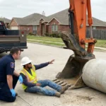 A construction worker and a police officer discuss crush injuries next to some construction equipment.