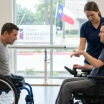 Paraplegia and quadriplegia patients chat in a waiting room. A nurse tends to one of them.