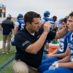 A football coach checks a player on the sideline for concussion symptoms.
