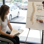 A female patient and a male doctor discuss the difference between a herniated vs bulging disc.