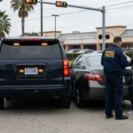 A woman speaks with a police officer after a federal vehicle accident.