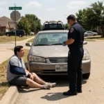 A man with a sling speaks to a police officer about PIP insurance in Texas