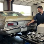 Two men in an auto shop discussing insurance coverage of custom car parts