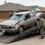 A man and a two truck driver look at a totaled car.