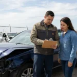 Man and woman discussing total loss of car