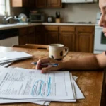 A person reviews UM/UIM PIP insurance coverage documents in their home.