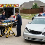 Three paramedics tend to a person who got a skull fracture from a car accident.