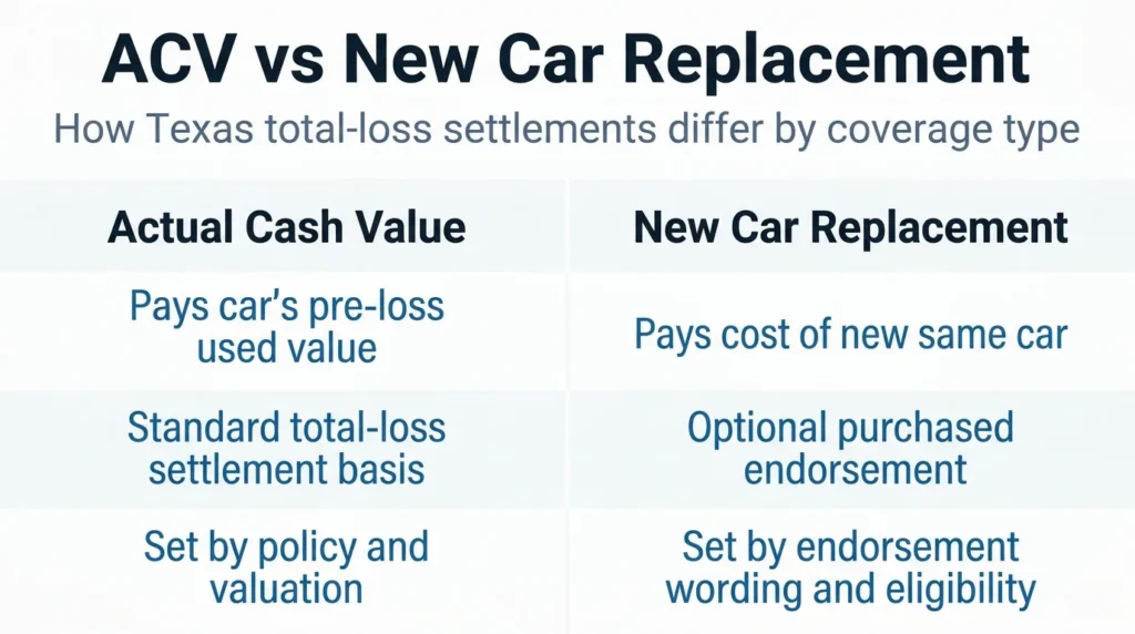 What Is New Car Replacement Coverage? Inforgraphic on ACV vs a new car replacement.