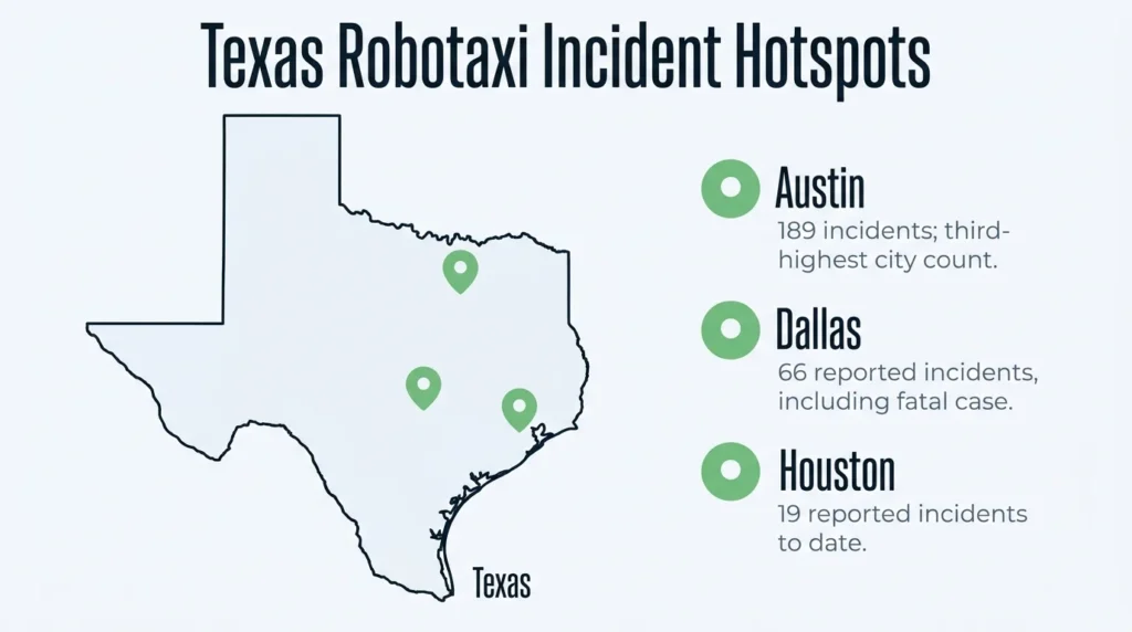 NHTSA robotaxi crash data. Texas robotaxi incident hotspots.