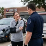A woman with a sling discusses car accident elbow injuries with a police officer.