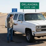 A man speaks on the phone near the Oklahoma state border after a car accident out of state.