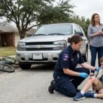 Was your child injured in a car accident? Two parents discuss as a police officer tends to a child's knee injury.