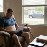 A man sits in a chair, reviewing how much he could make from a failed back surgery settlement.