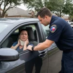 A woman in a car speaks with a police officer to determine whether she has a cervical sprain or strain