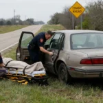 Two police officers tend to a person whose door opened and ejected the occupant.