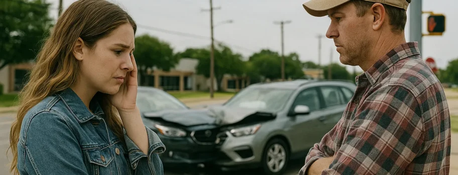 Two people standing on Texas roadway after car accident with damaged vehicles in background, illustrating the daily reality of Texas traffic crashes and accident aftermath