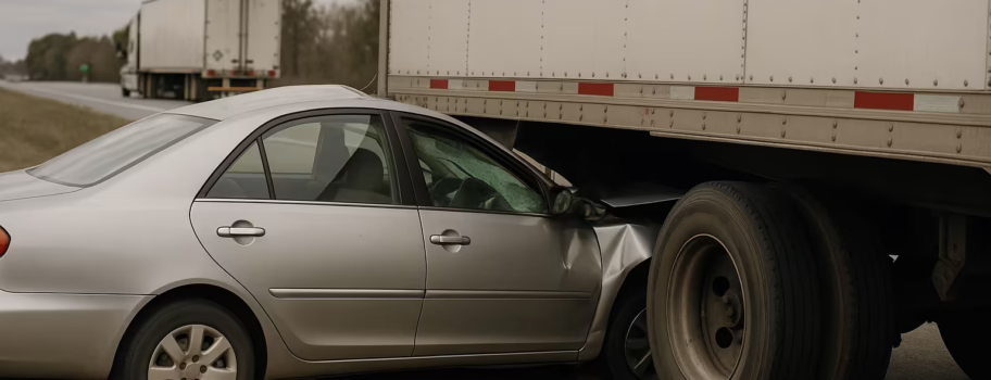 Silver car lodged under rear of semi-truck in underride crash on highway shoulder.