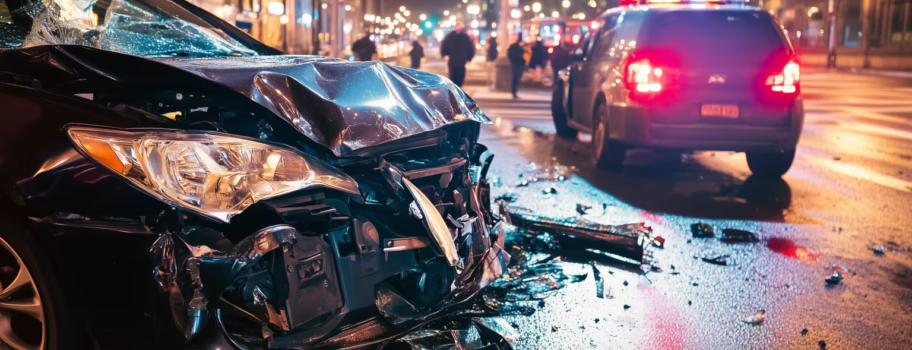 Severely damaged car on a city street at night with police vehicle and flashing lights nearby.