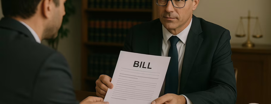 ChatGPT said: A man in a suit hands another man a document labeled “BILL” while sitting in a law office with books and scales in the background.