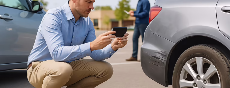 Man taking photos of car damage in a sunny parking lot after a minor accident.