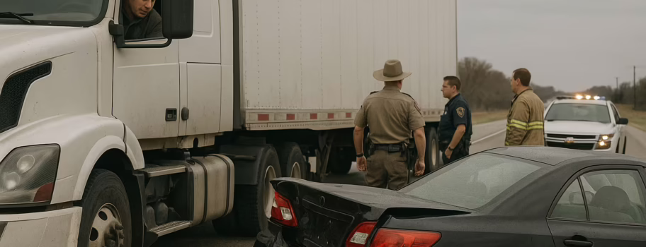 Truck driver discussing accident details with an insurance agent in front of a damaged semi‑truck.