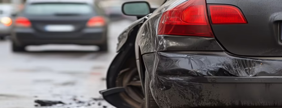 Injury Rear view of a damaged black car after a collision, with broken glass and debris scattered on a wet road.