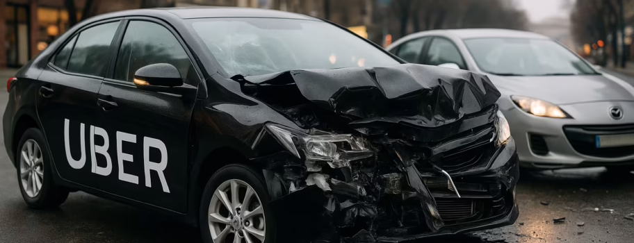 Black Uber car with severe front-end damage after a collision with a silver sedan on a city street.